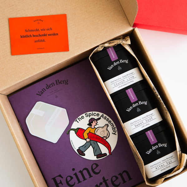Signature Gewürzbox von Van den Berg × Jaimy Reisinger mit Sweet Spot, Crunch Line, Alter Ego und Rezeptheft